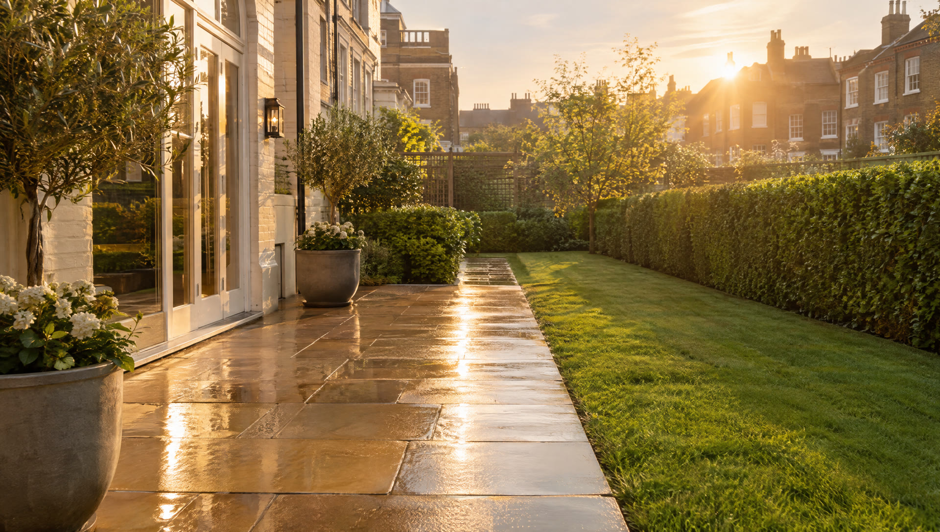 Jet-washed sandstone patio glistening in morning light